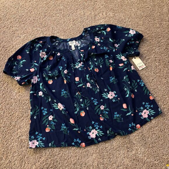 St. John's Bay Tops - St. John's Bay Blouse Womens 0X Navy Floral Peasant Short Sleeve NWT